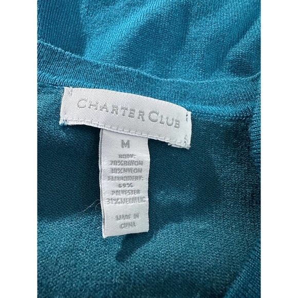 Charter Club Sweater Womens Size M Teal Metallic Gold Bee Embroidery Button Up - Picture 8 of 8